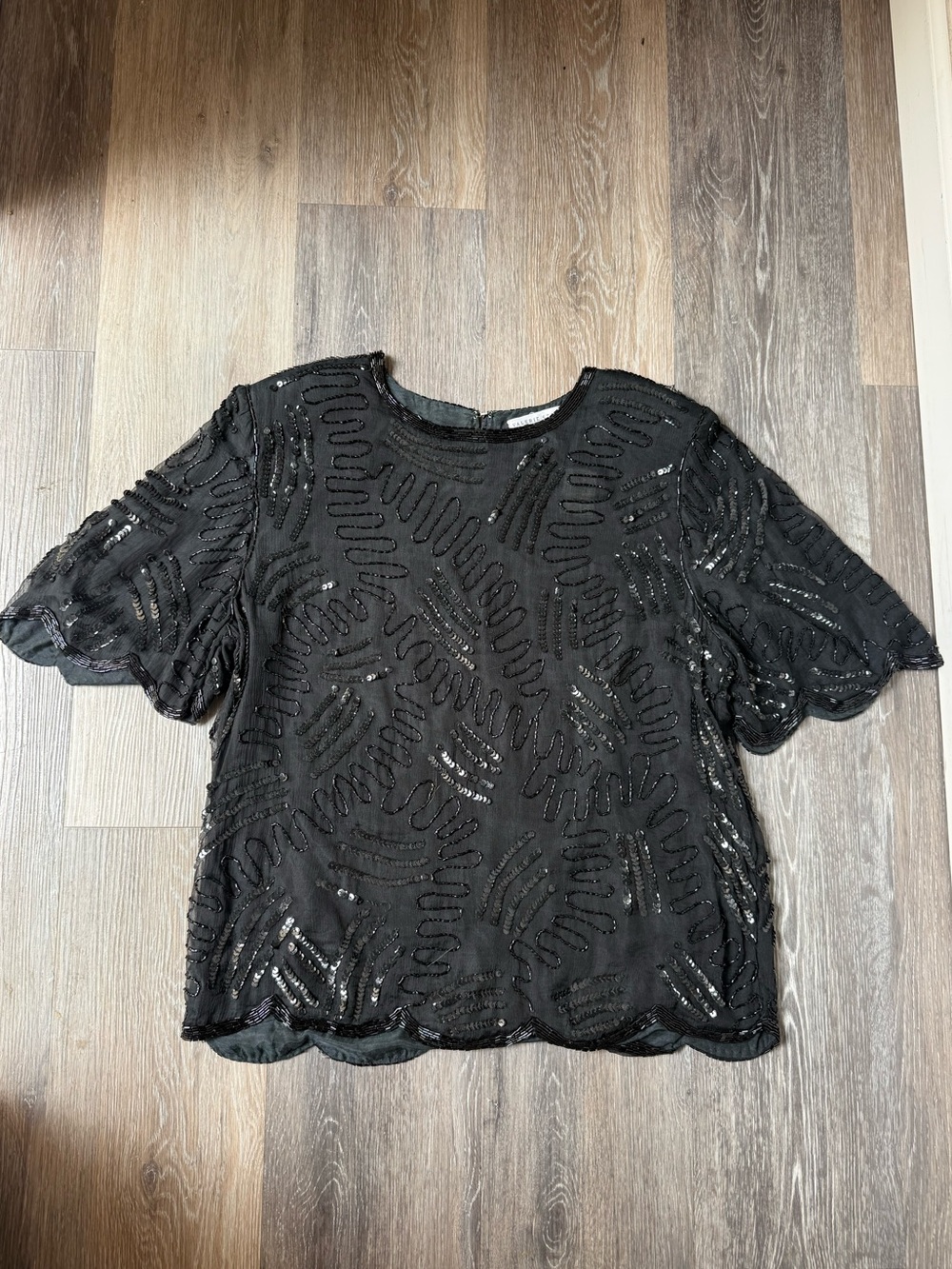 Vintage Valerie Stevens SILK Black Short-Sleeve Sequin Beaded Top Size 6
